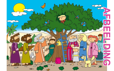 Bijbelse afbeeldingen en kleurplaten – Lucas 19 – Boom, Jezus bezoekt  tollenaar Zacheüs, mensen boos